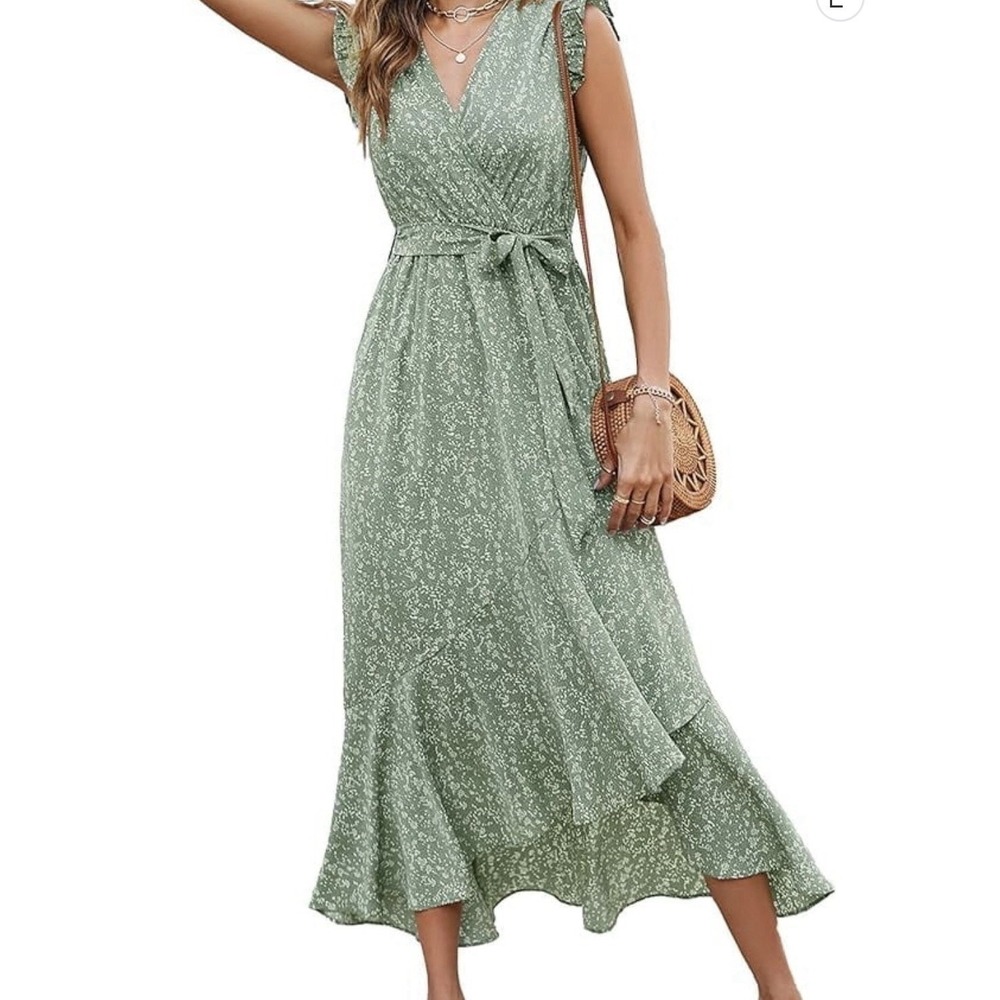 NWT BFTBM Boho Maxi Dress Women's XL Green Floral Ruffle Sleeve Wrap 47.00